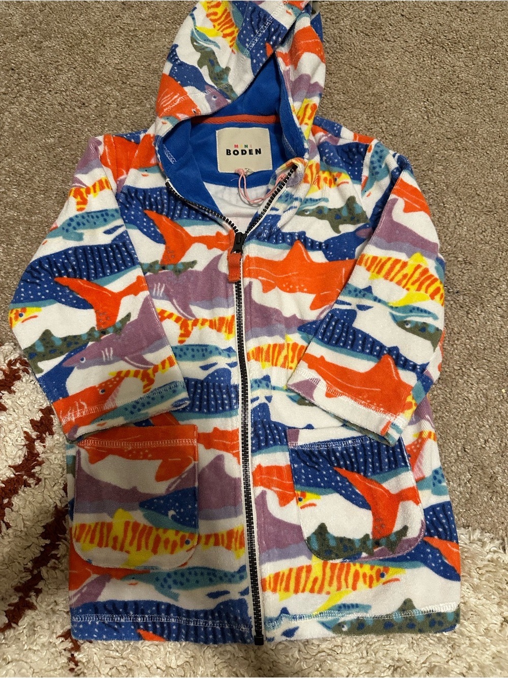 Boden Kids' Hooded Shark-Print Zip Jacket in Multi